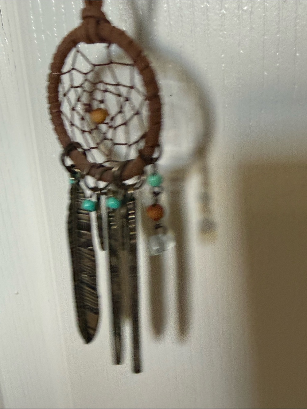 Handcrafted Brown Dreamcatcher with Turquoise Beads & Metal Feathers